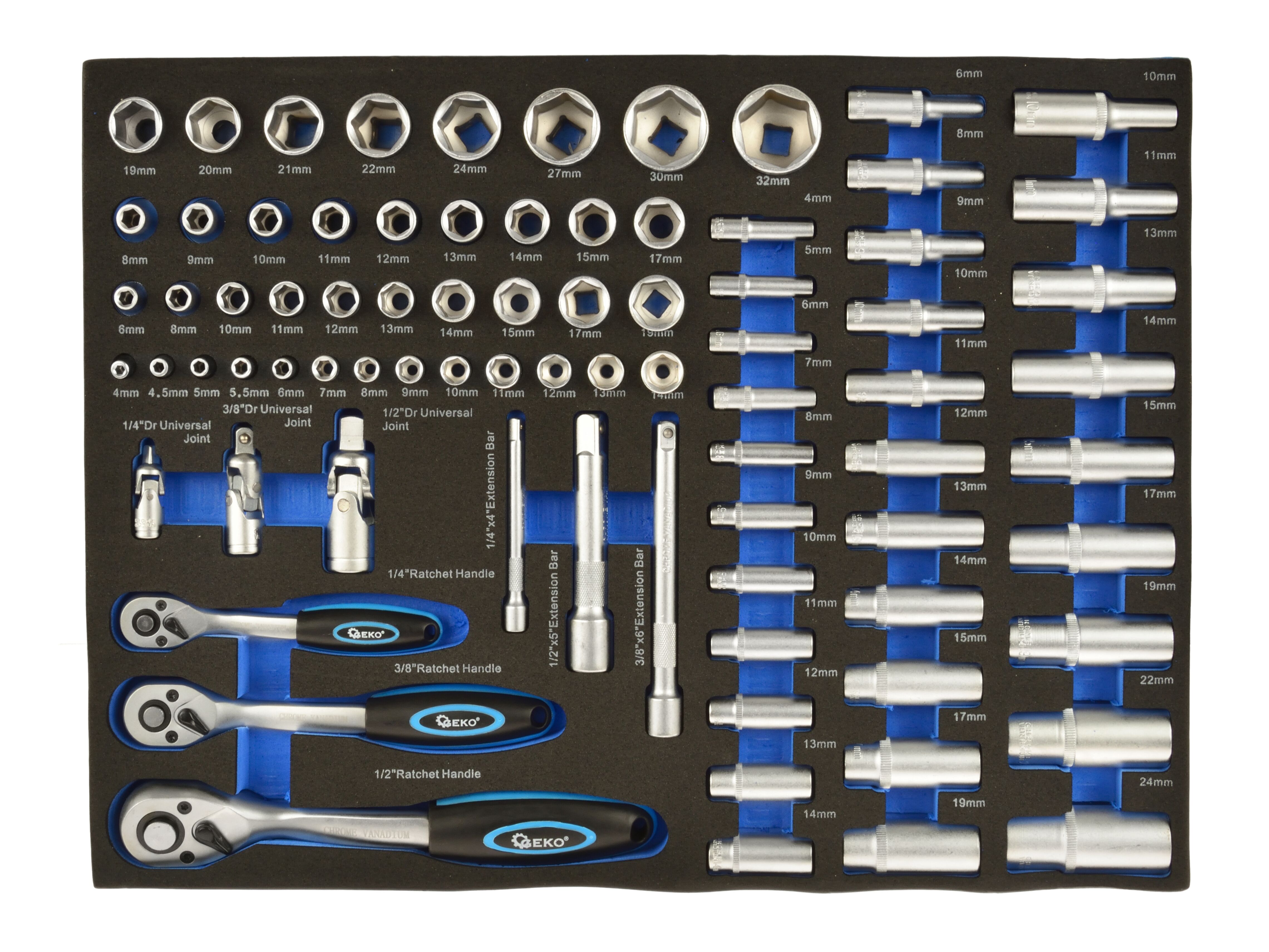 GEKO G10833A Nástrčné kľúče račňa 1/4"-1/2" 80ks penová vložka