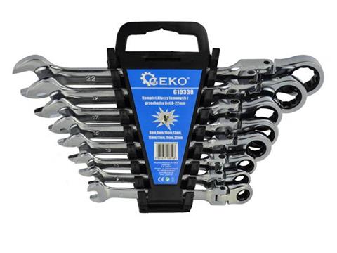 GEKO G10338 SADA KĽÚČOV 8-22mm OČKOPLOCHÉ KĽÚČE s račňou 8ks CrV ohybné