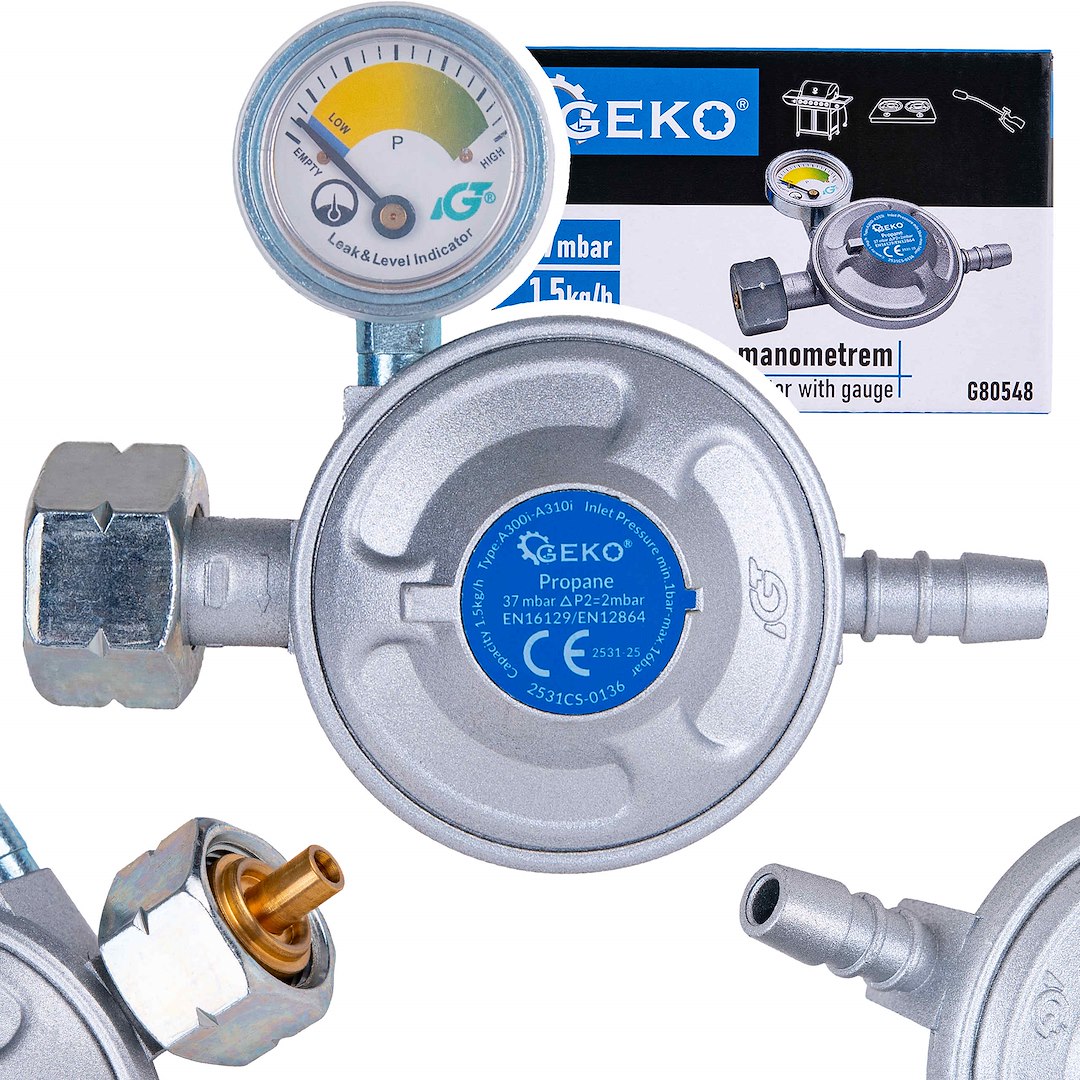 GEKO G80548 Redukce regulátoru plynu s tlakomerom 37mbar 1,5kg/h