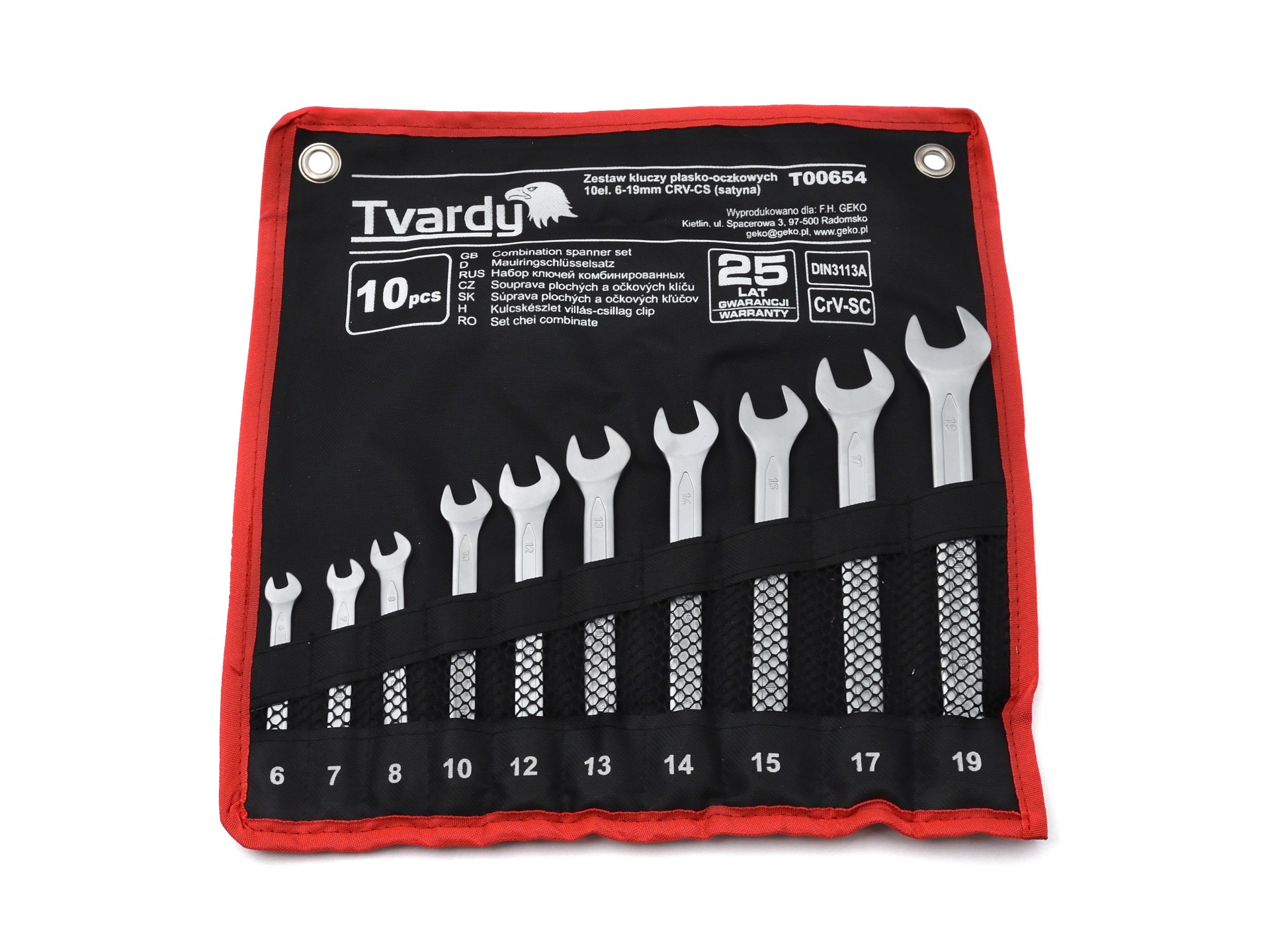 TVARDY T00654 Kľúče očko-ploché 10ks 6-19mm kombinované zo CRV ocele, saténové