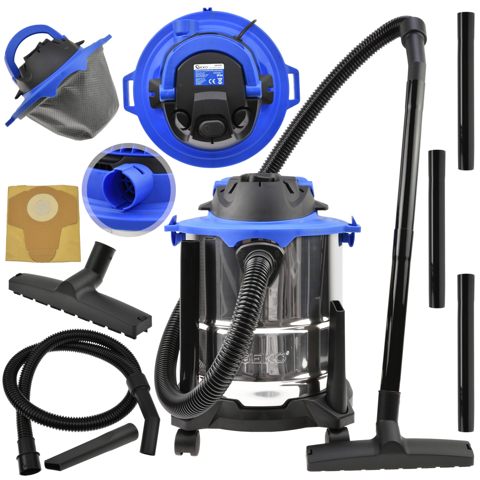 Geko G81097 1250W 20L Elektrický priemyselný vysávač suché mokré vysávanie + príslušenstvo