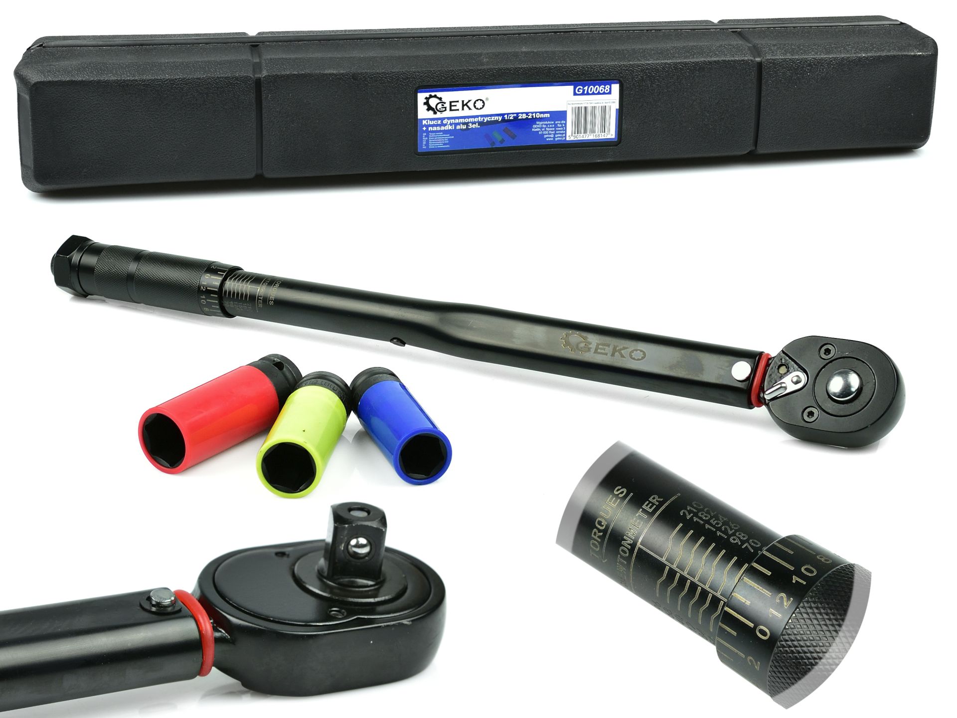 GEKO G10068 Momentový kľúč 1/2" 28-210nm + 3 ks nástrčné kľúče, čierny