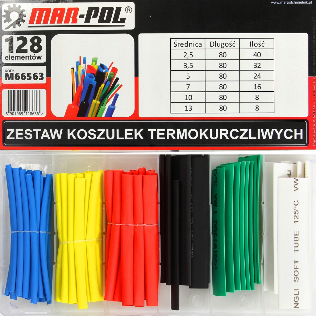 Mar-Pol M66563 Zmršťovacie bužírky pásky na káble konektory 128 ks Sada 