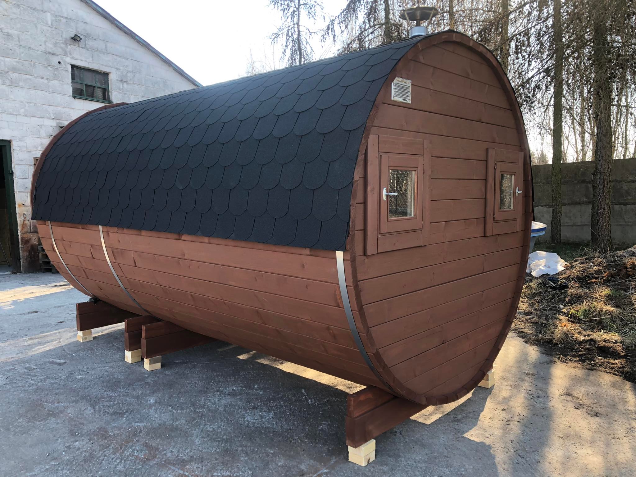 SD-380 Drevená sudová sauna 3,8m x 2,2m s príslušenstvom smrek