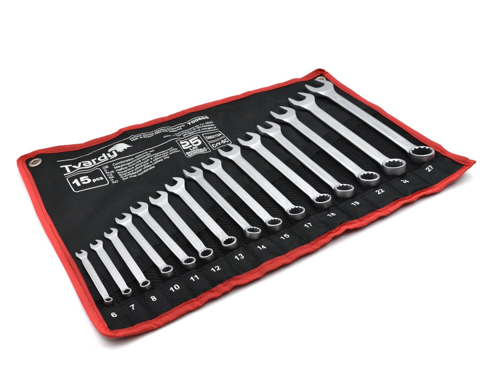 GEKO T00655 Kľúče očko-ploché 15ks 6-27mm kombinované zo CRV ocele, saténové