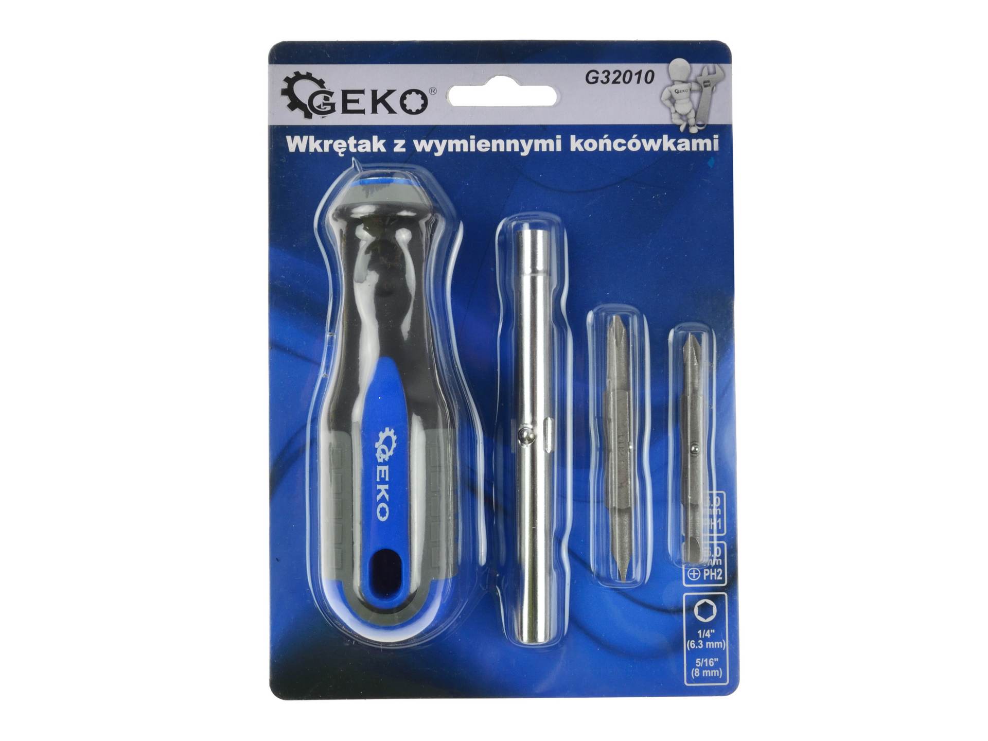 Geko G32010 Skrutkovač s vymeniteľnými bitmi PH1 PH2 krížový 6,3mm 8mm