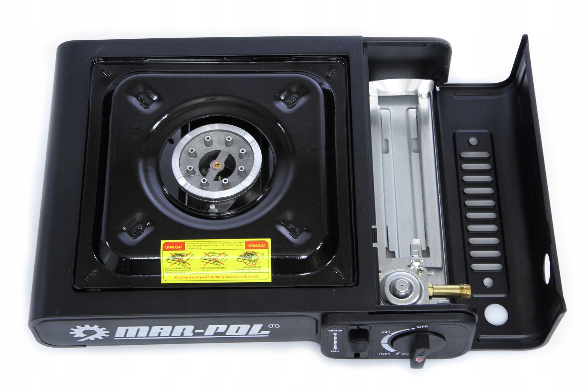 MAR-POL M90016 Turistický prenosný varič plynový 2v1 na kartuš a plynovú fľašu