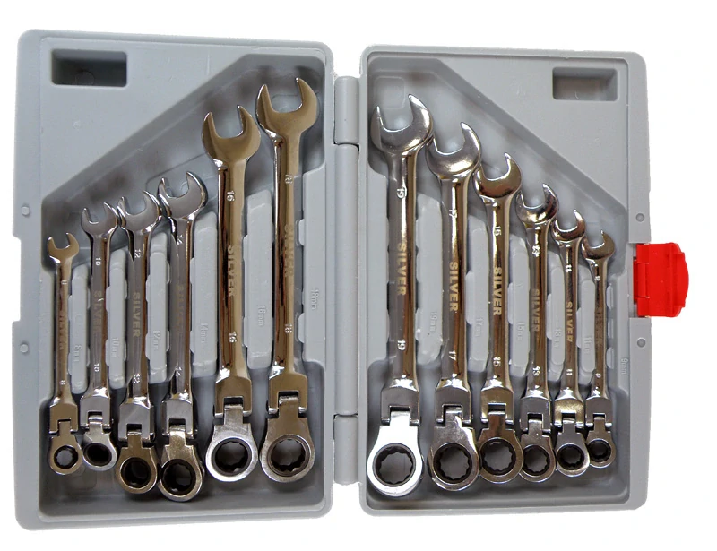 Silver SK-012-01 Kľúče očkoploché s kĺbom s račňou 8-19mm 12 ks kufrík