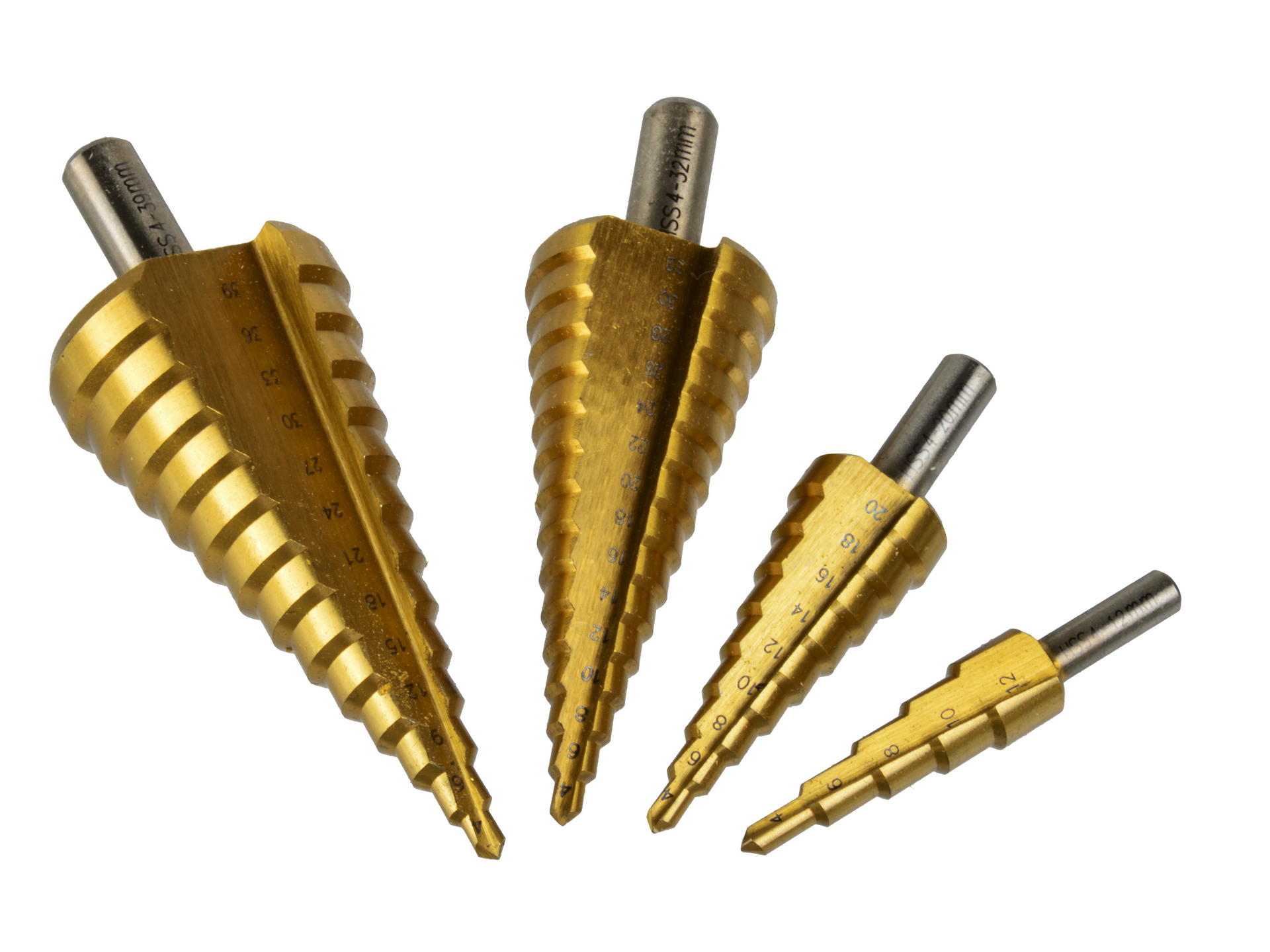 GEKO G38503 Stupňovité vrtáky sada kužeľových vrtákov 4 kusy 4-12,4-20,4-32,4-39