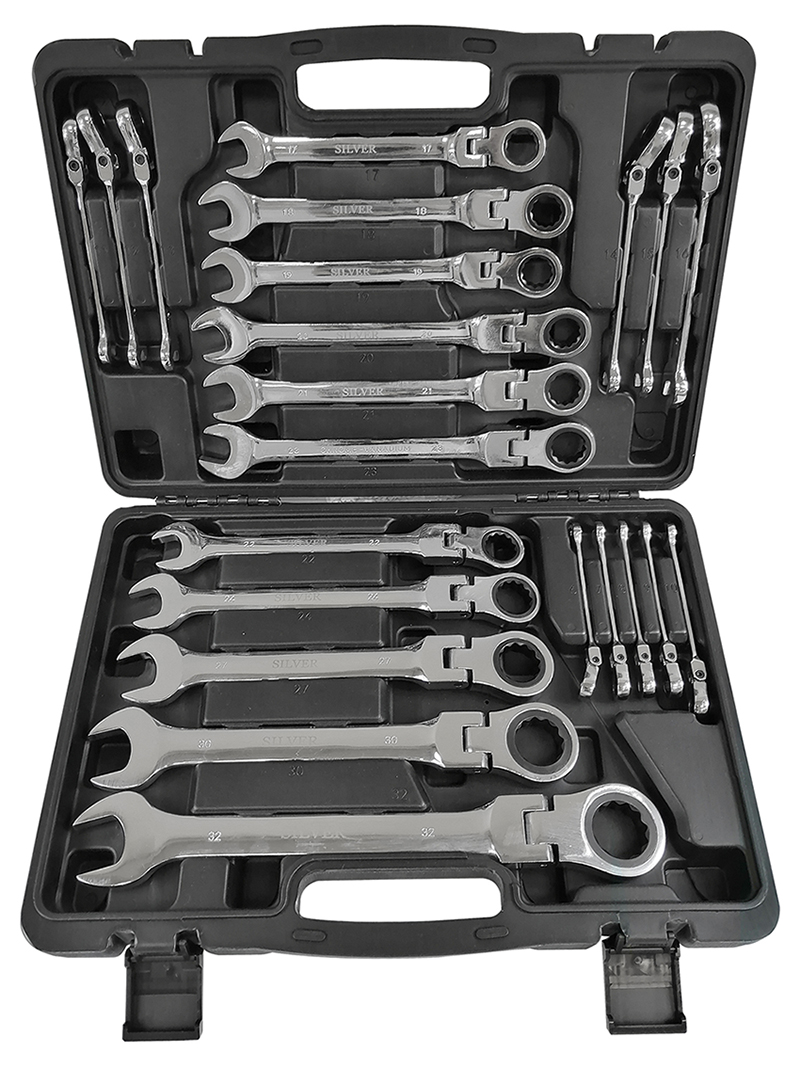 SILVER SK-022-02 SADA KĽÚČOV 6-32mm OČKOPLOCHÉ KĽÚČE s račňou a kĺbom 22ks CrV + kufrík