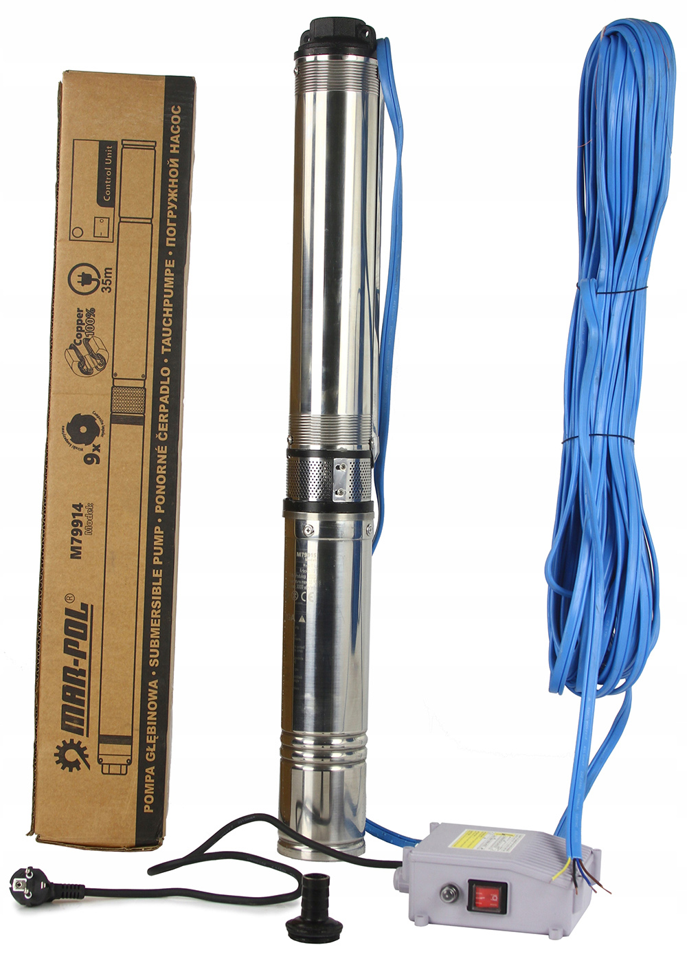 MAR-POL M79914 750W Ponorné hlbinné čerpadlo na čistú vodu do vrtu 63m 4QJD CONTROL BOX