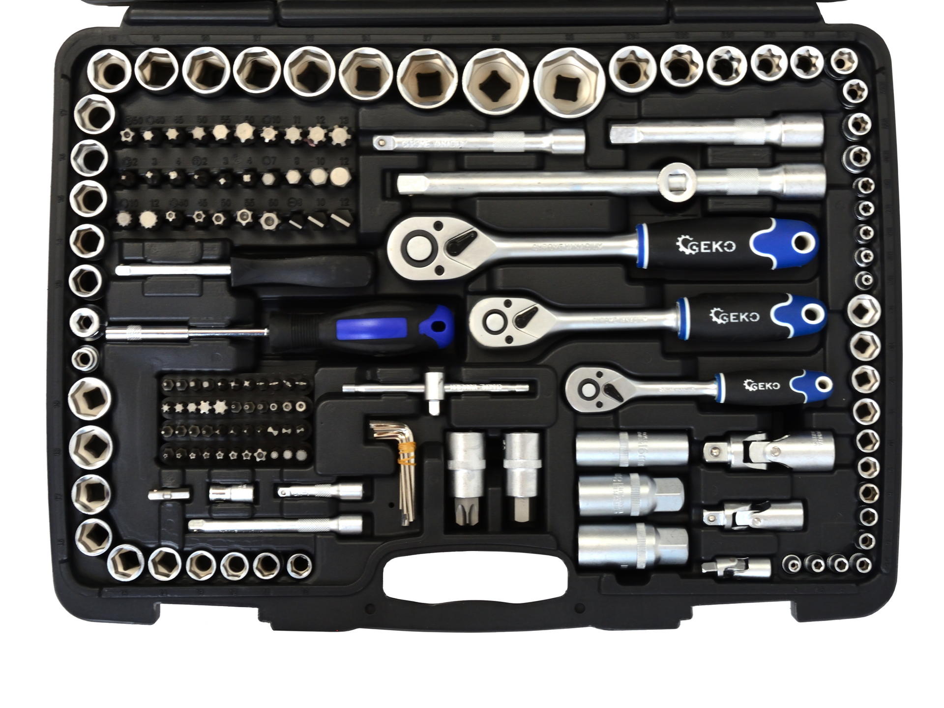GEKO G10158 Gola sada 216ks 1/4" 1/2" 3/8" kľúče bity, račňa
