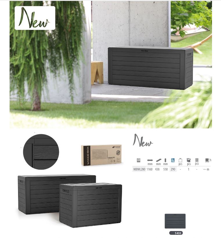 Prosperplast Balkónový záhradný úložný box skriňa Woodebox antracit 280L 116x44x55cm