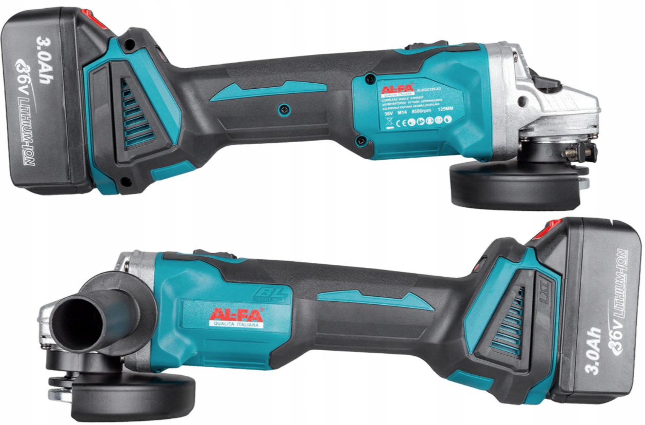 ALFA ALAGC125-A3 Aku uhlová brúska 125mm akumulátorová 36V 2x Li-ion 3Ah + 2 kotúče!!