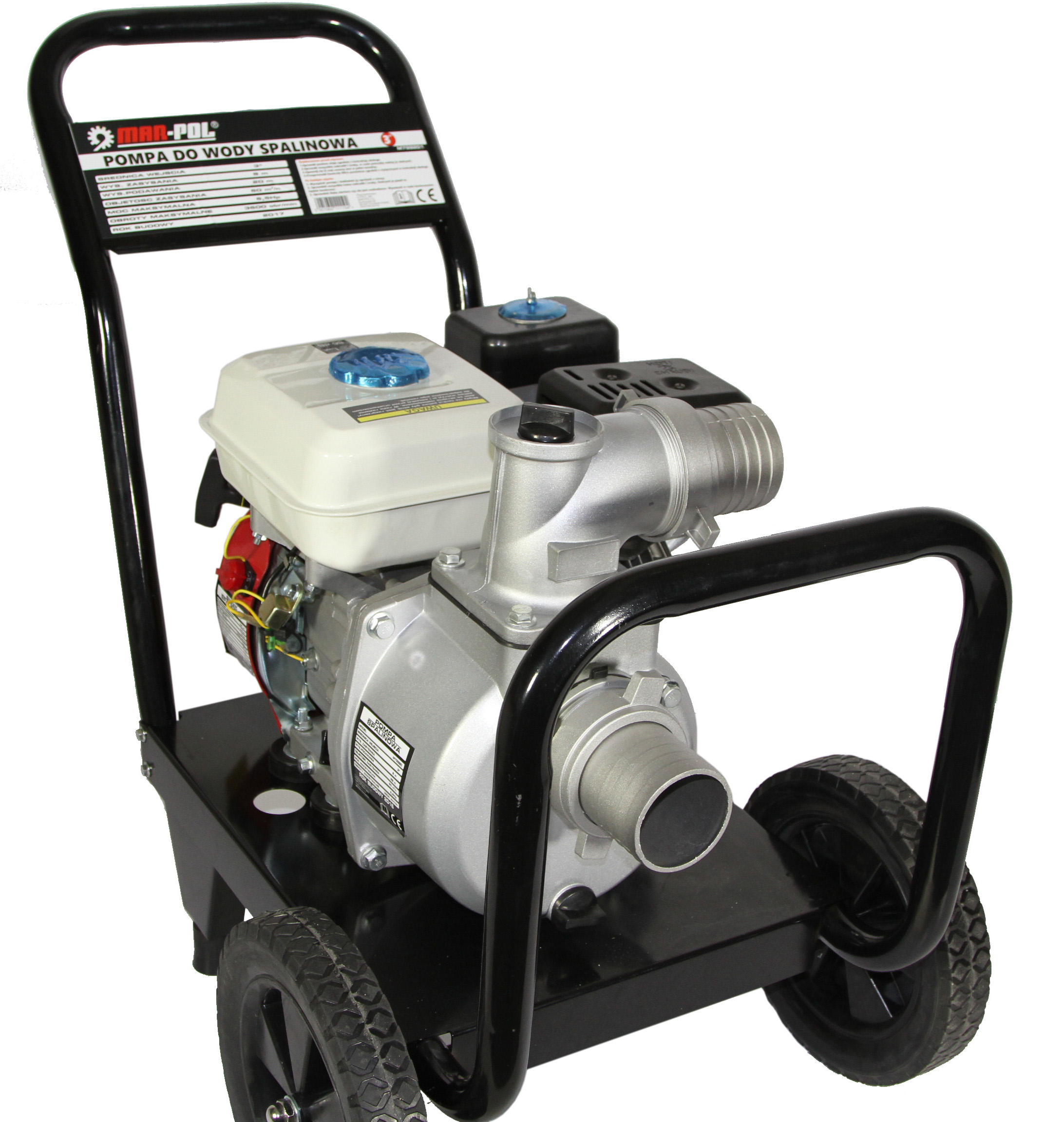 MAR-POL M799201 Benzínové vodné čerpadlo 3" na vozíku / 6,5 HP / 4,85 kW / 1000 l/min