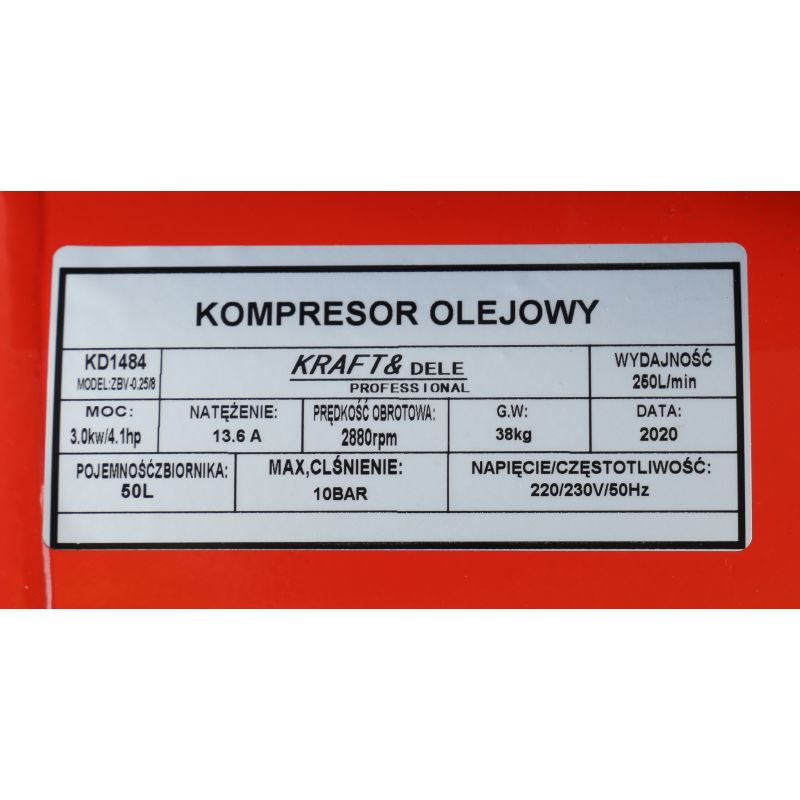 Kraft&Dele KD1484 KOMPRESOR OLEJOVÝ 50L 3kW / 4HP 13,6A 2piest
