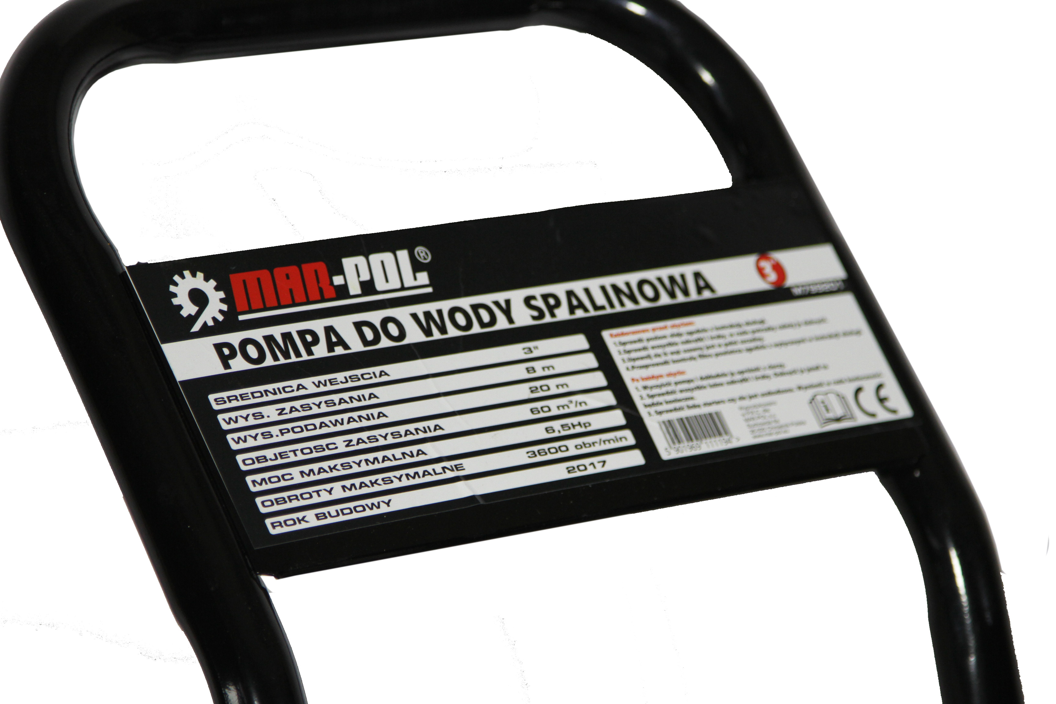 MAR-POL M799201 Benzínové vodné čerpadlo 3" na vozíku / 6,5 HP / 4,85 kW / 1000 l/min