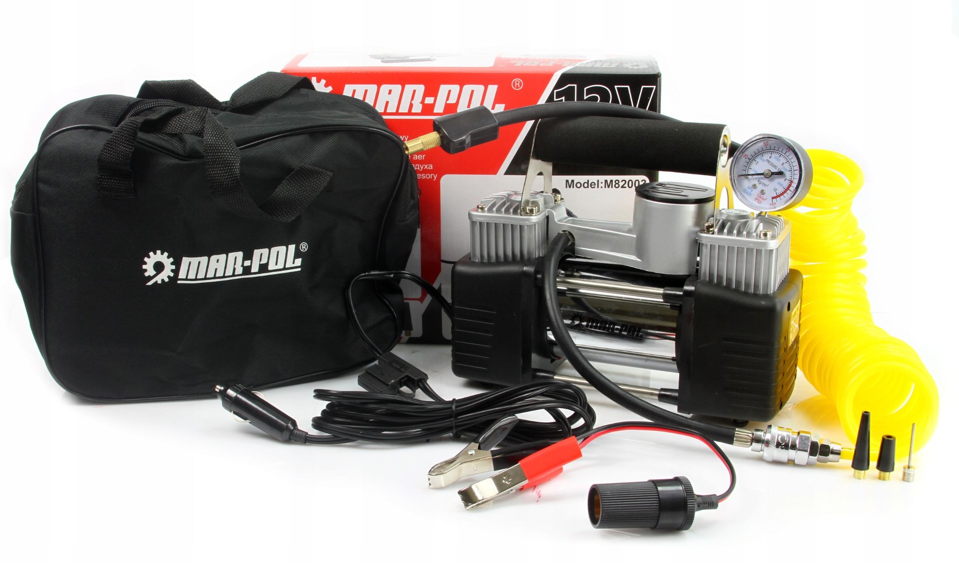 Mar-pol M82003 Automobilový kompresor 2 piesty, hustenie pneumatik lôpt matracov 12V