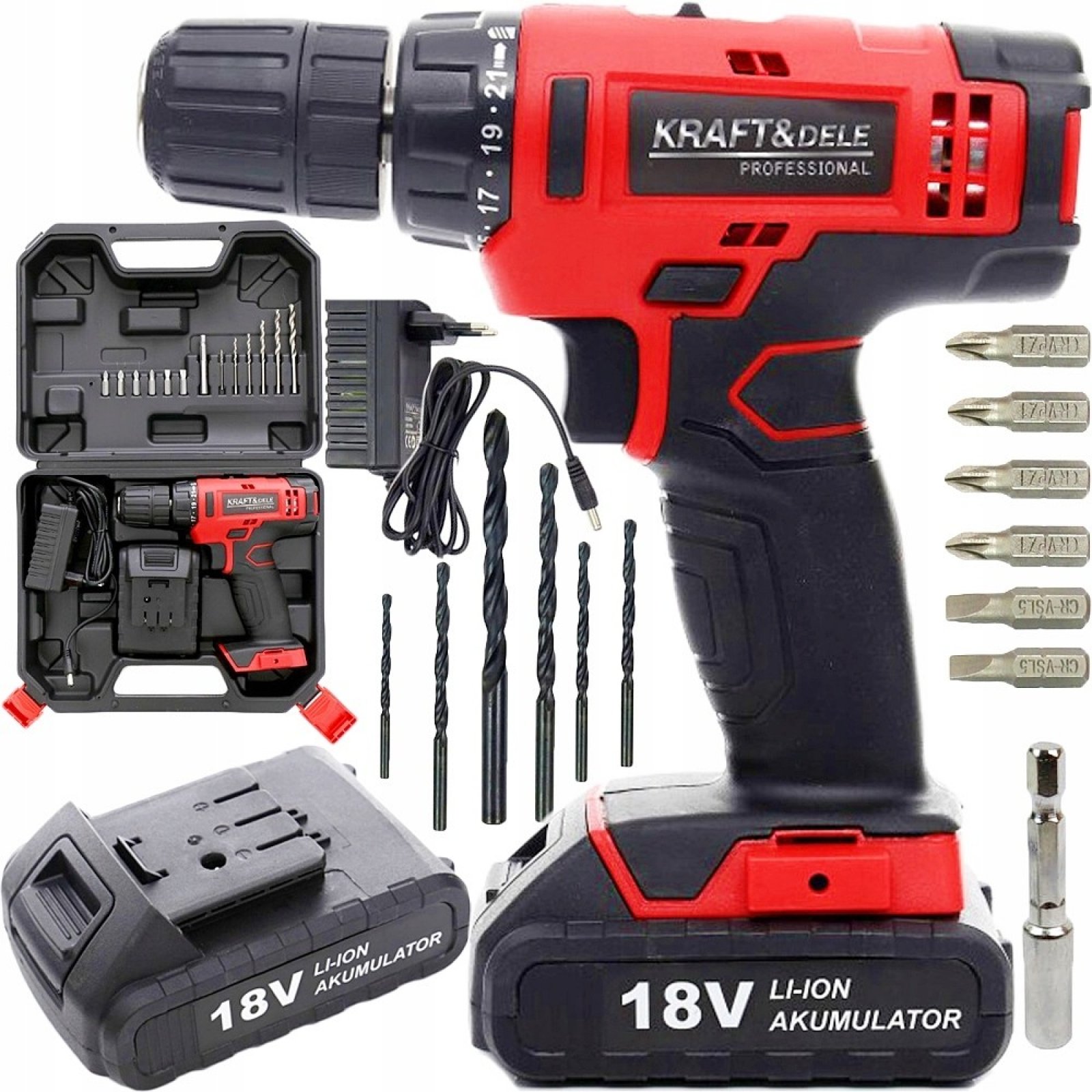 Kraft&Dele KD1566 Aku vŕtací skrutkovač, vŕtačka LED 18V Lion 1,3Ah + vrtáky