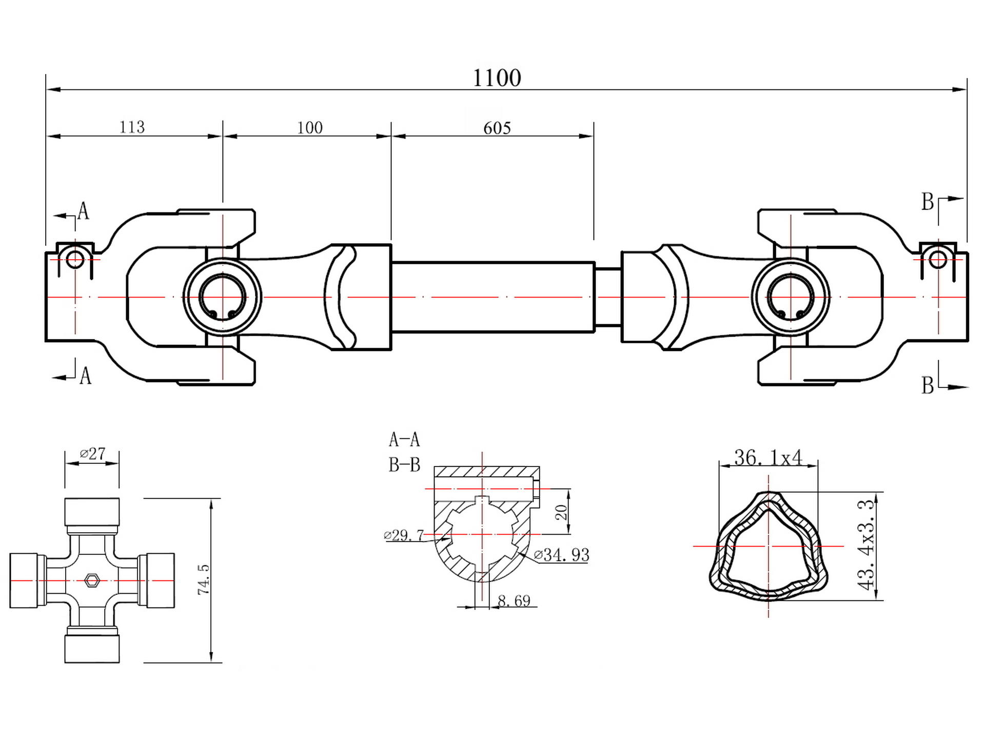 GEKO G72305 Kĺbový kardanový hriadeľ s trubkou 1100mm 