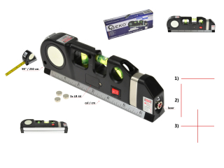 GEKO G03310 Vodováha laserová so zvinovacím metrom, pravítkom